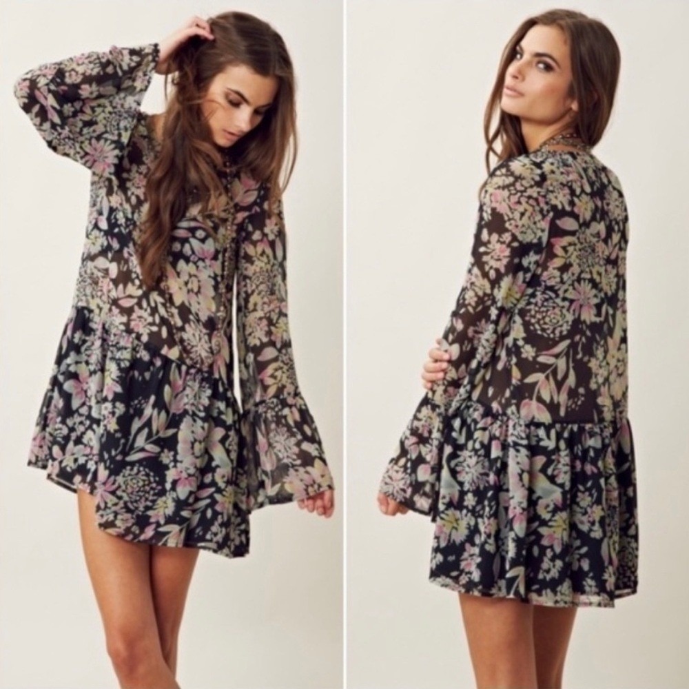 FOR LOVE AND LEMONS "DOLLED UP" RUFFLE GREEN/PINK MINI DRESS SIZE MED